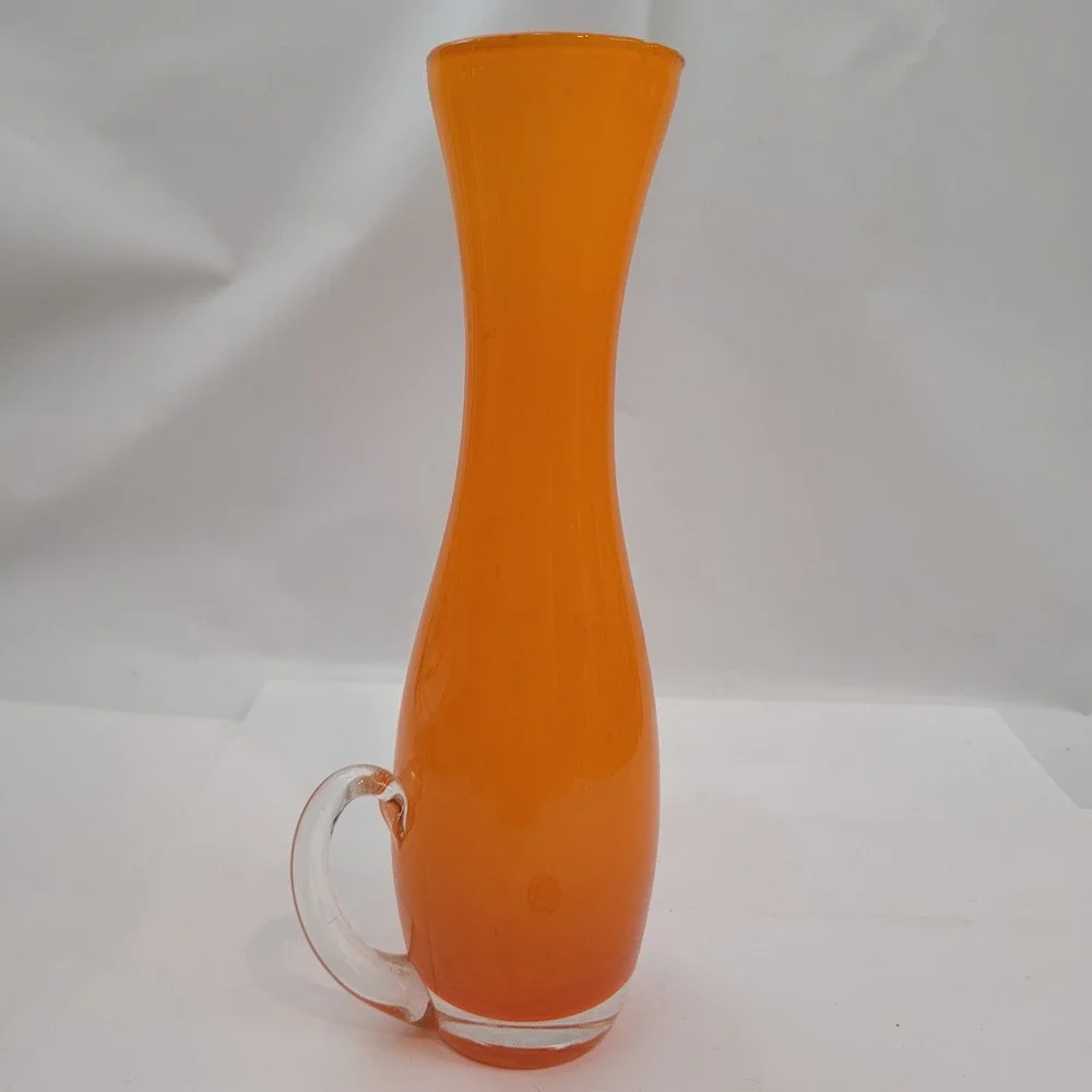 Vintage Blown Glass Pitcher Vase Orange Mid-Century Modern Cased Art Glass